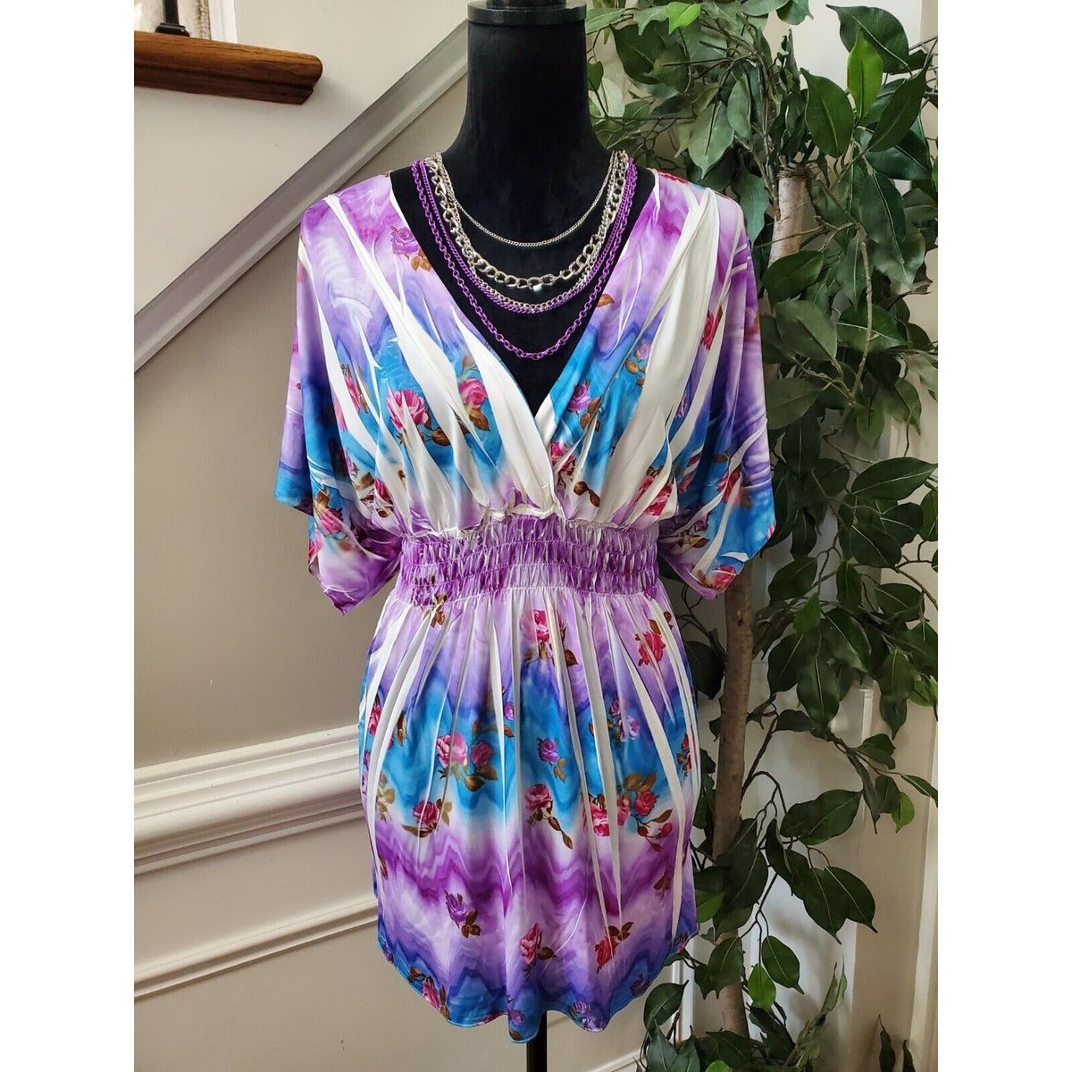 Simply Irresistible Floral Multicolor Polyester V-Neck Short Sleeve Top Blouse L
