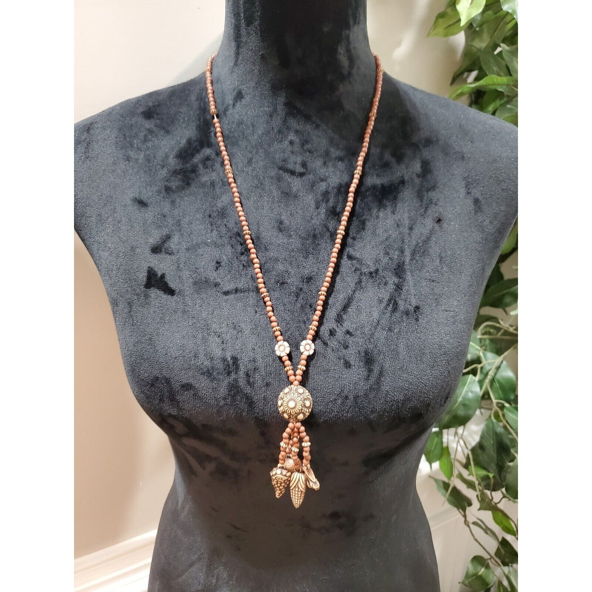 Women's Brown Beaded See Shell Tribal Lightweight Necklace