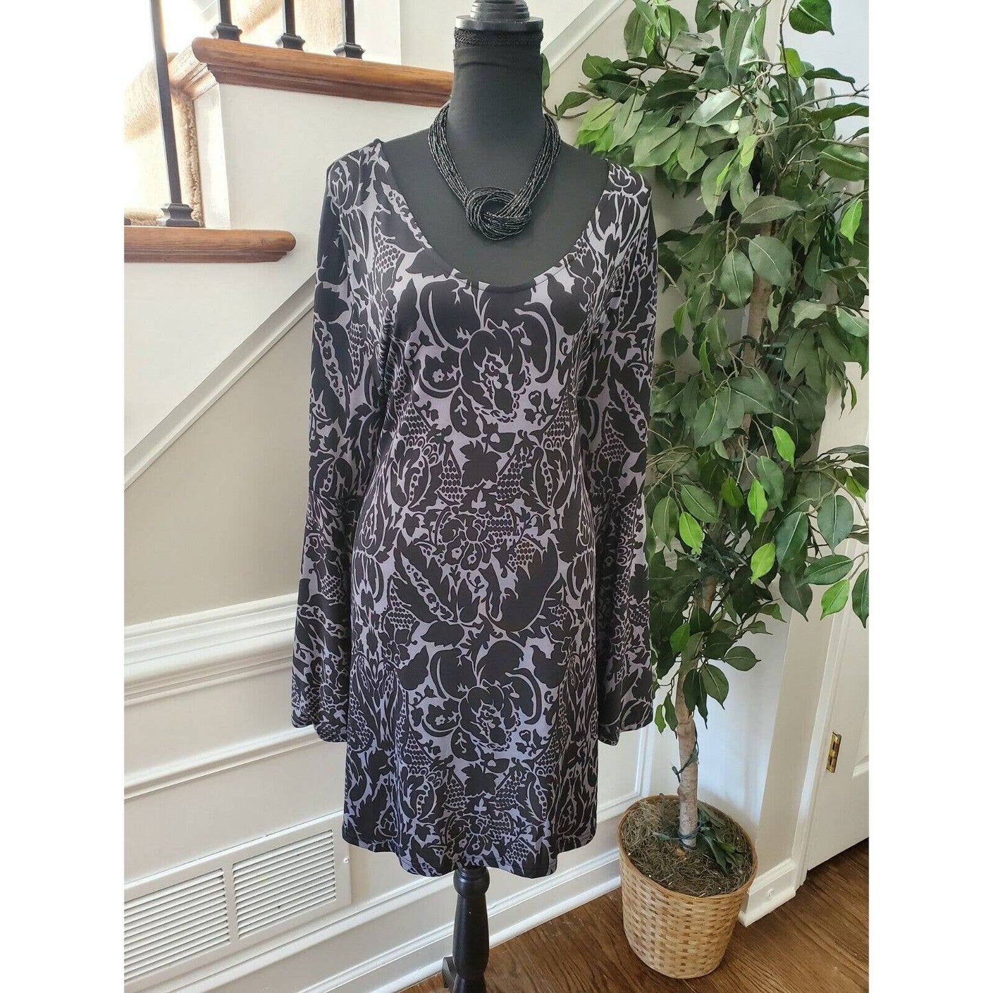 Reeborn Women Black Polyester Scoop Neck Long Sleeve Knee Length Dress Size 1XL