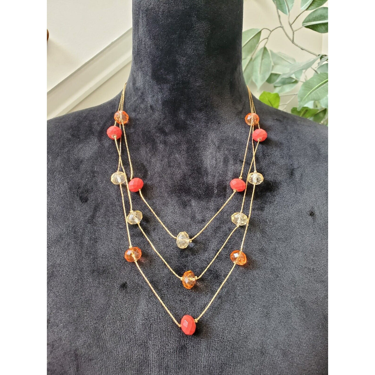 Gold Tone Layered Chains with Rust And Beige Beaded Necklace
