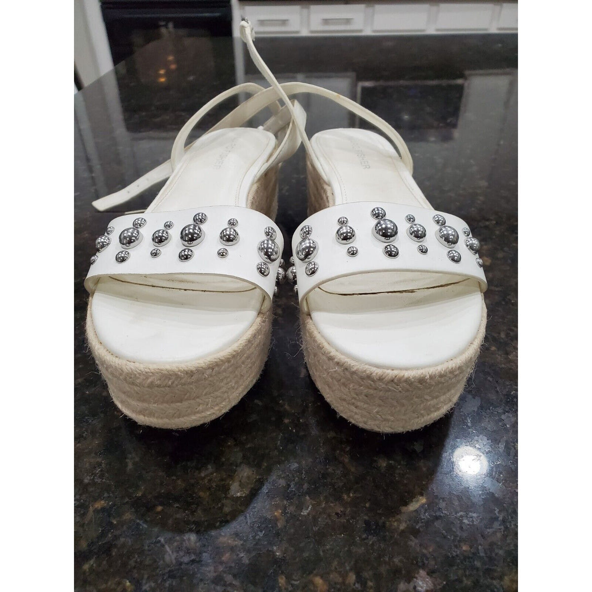 Marc Fisher Joyce Silver Studded Platform Espadrille Sandals White Women Size 7M