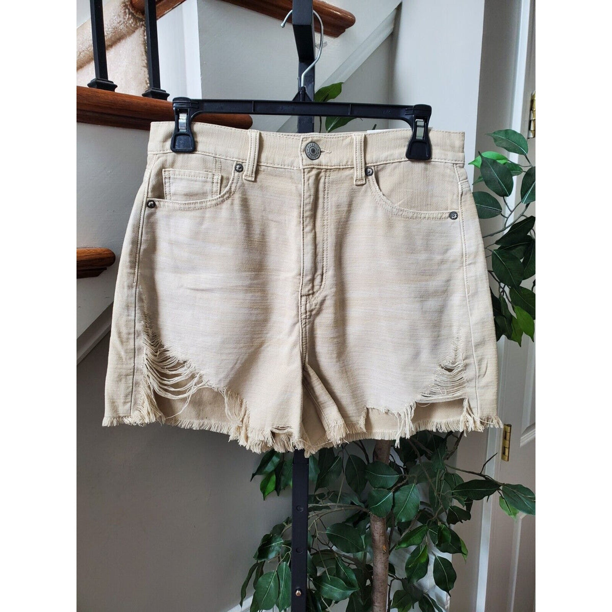 American Eagle Outfitters Womens Beige Solid Cotton High Rise Mom Shorts Size 4