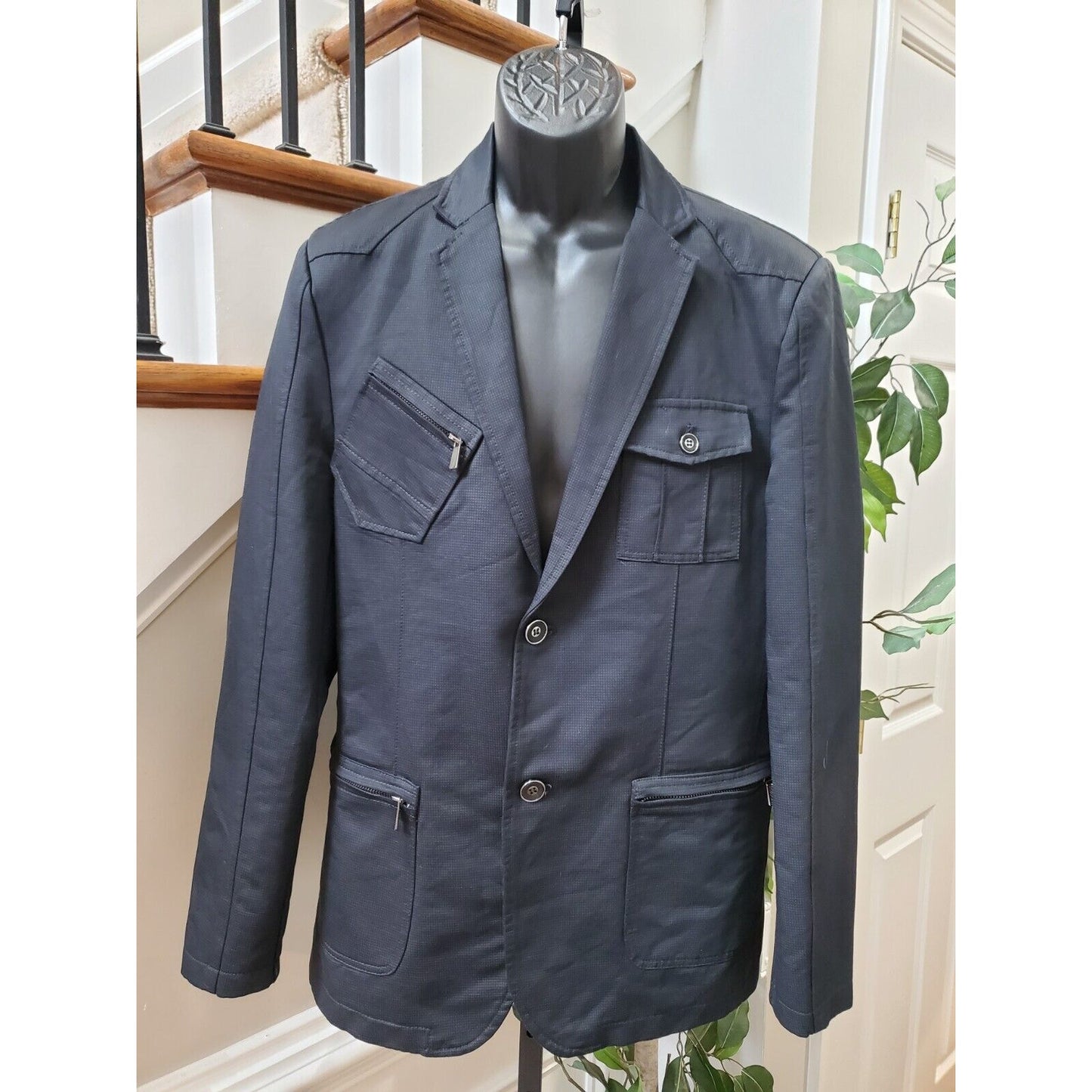 Platini Mens Black Cotton Single Breasted 2 Button Jacket Coat Size Medium