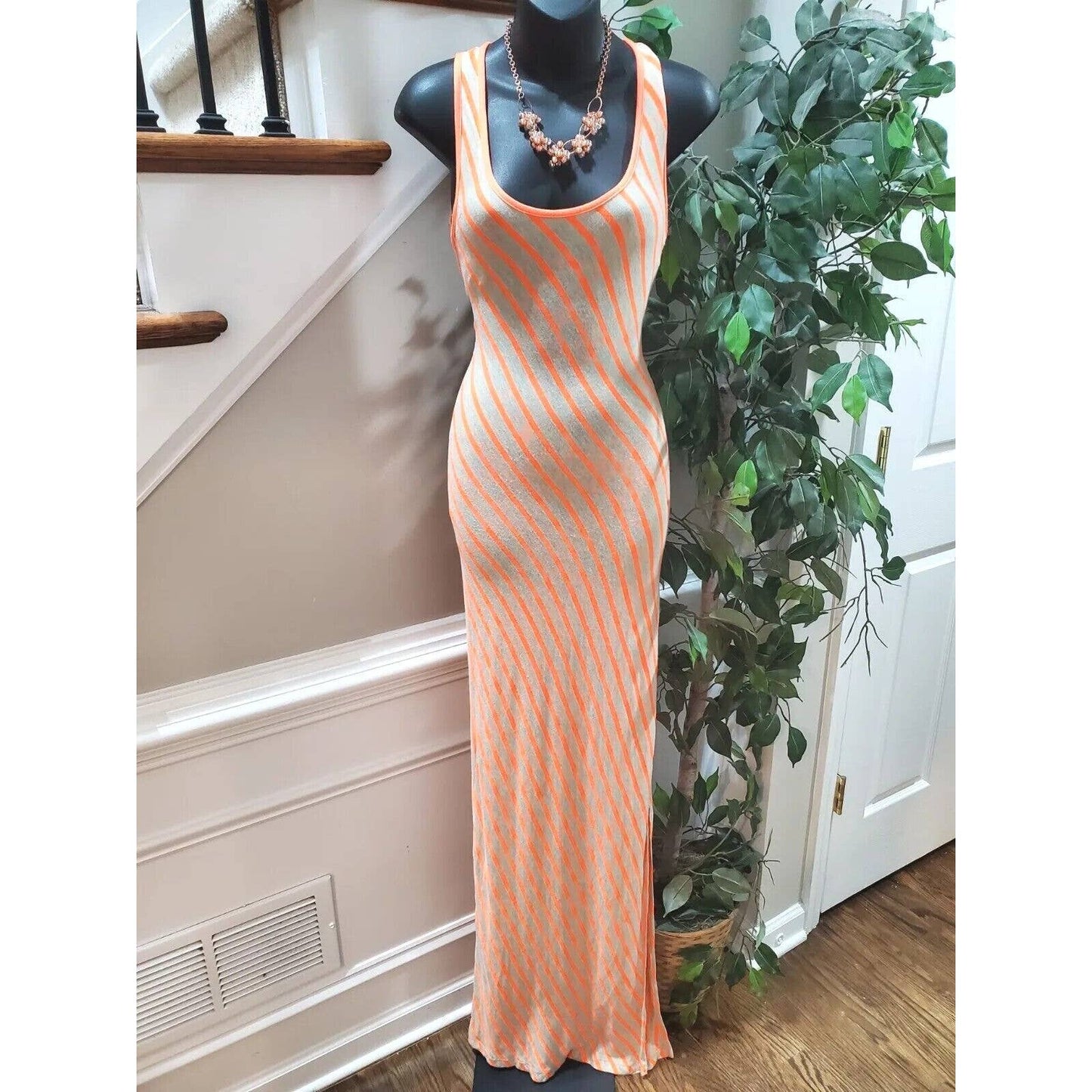Arden B Women Gray & Orange Rayon Scoop Neck Sleeveless Long Maxi Dress Size XS