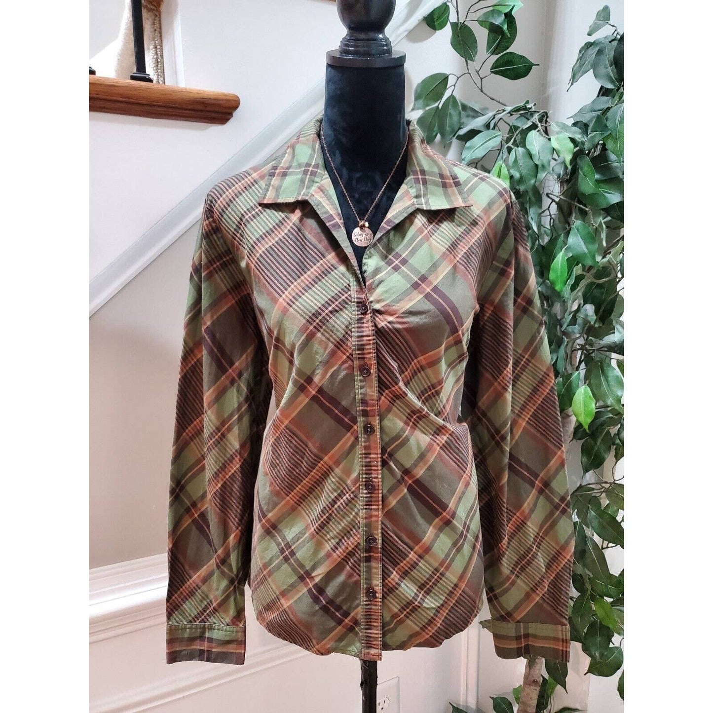 Jones New York Women Multicolor Cotton Collared Long Sleeve Button Down Shirt XL