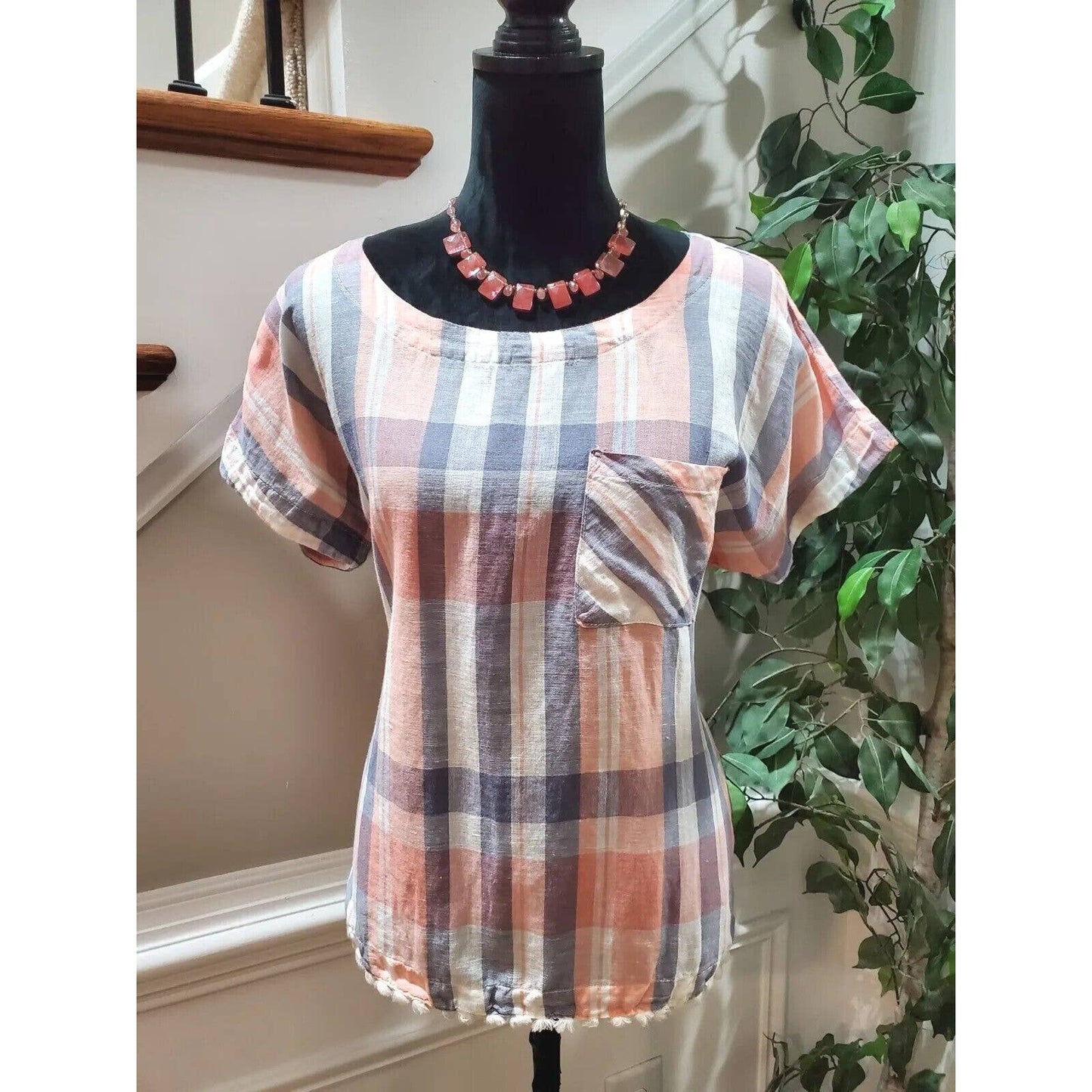 Liz Claiborne Women's Multicolor Linen Round Neck Short Sleeve Pullover Shirt M