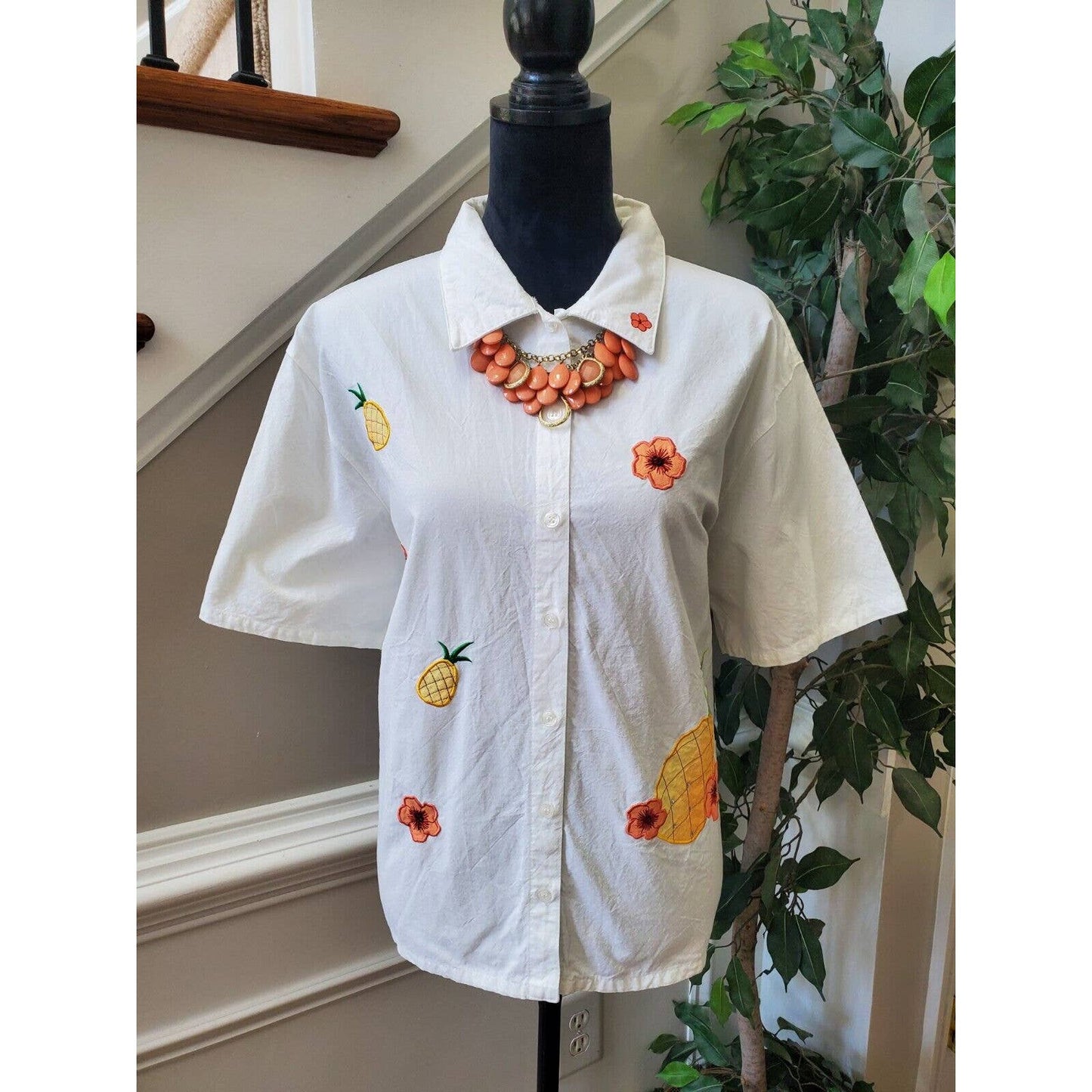 VTG Bobbie Brooks White 100% Cotton Collared Short Sleeve Button Down Shirt XL
