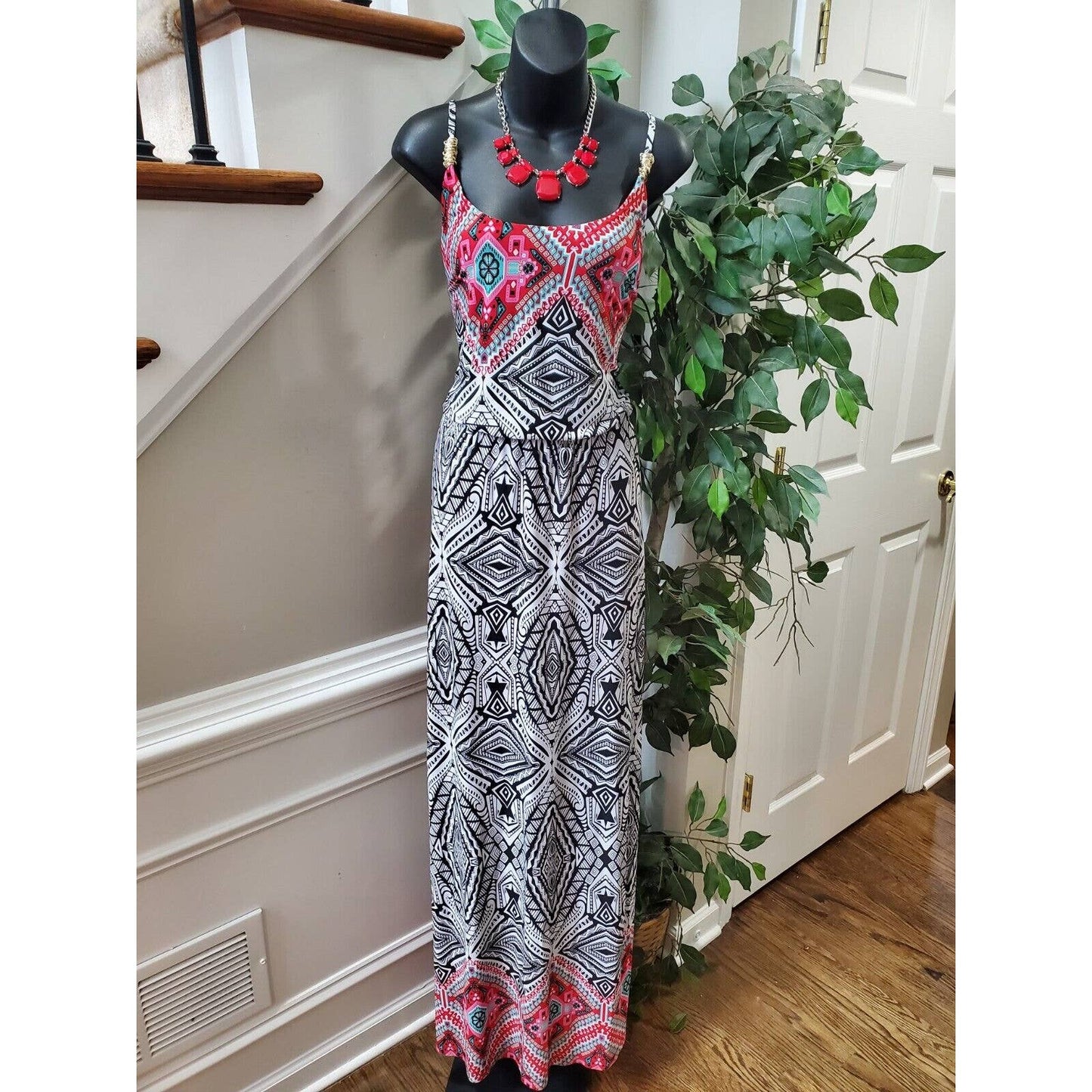 Cato Women White & Black Polyester Scoop Neck Sleeveless Long Maxi Dress Size L