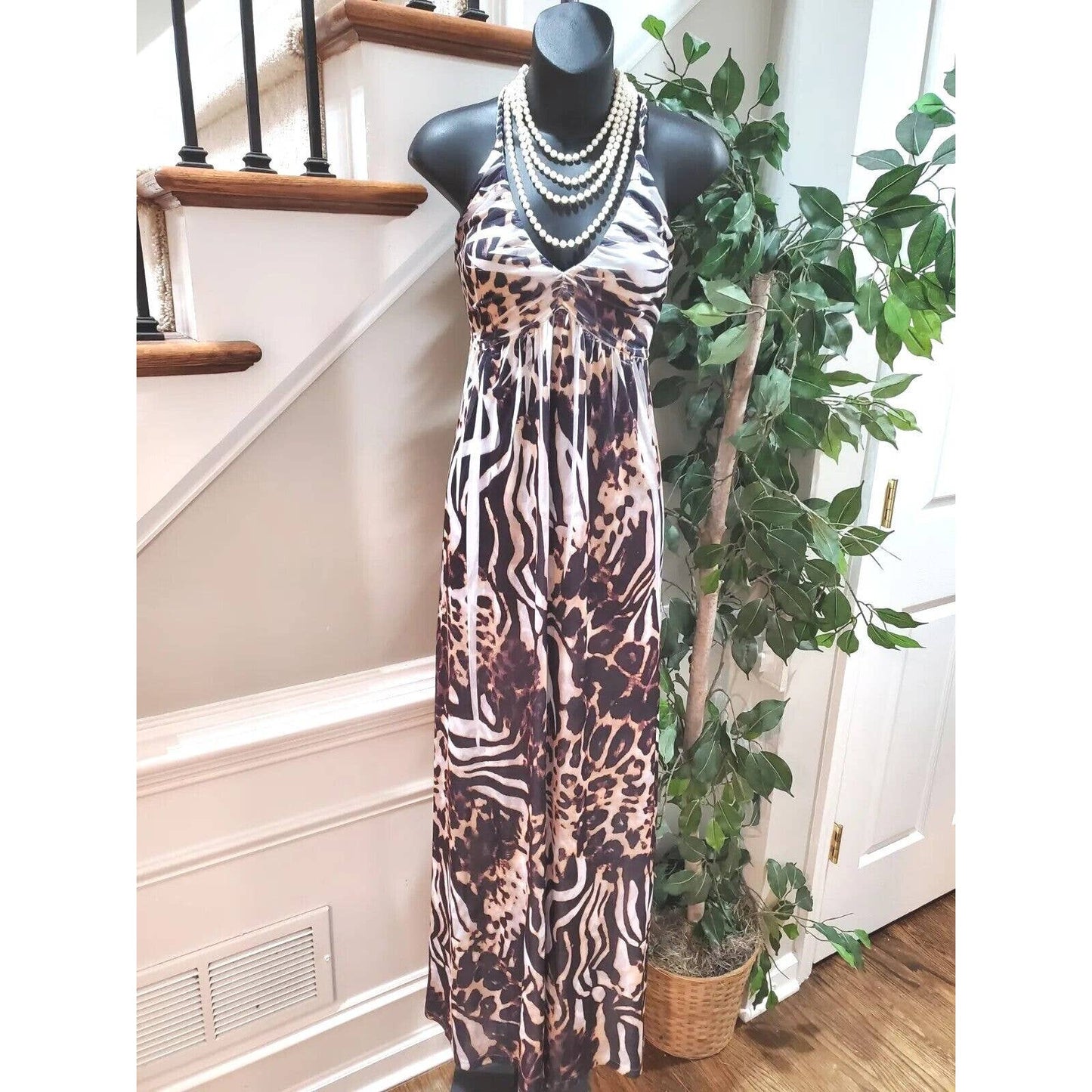 IB Diffusion Women's White & Brown Polyester V-Neck Sleeveless Long Maxi Dress S