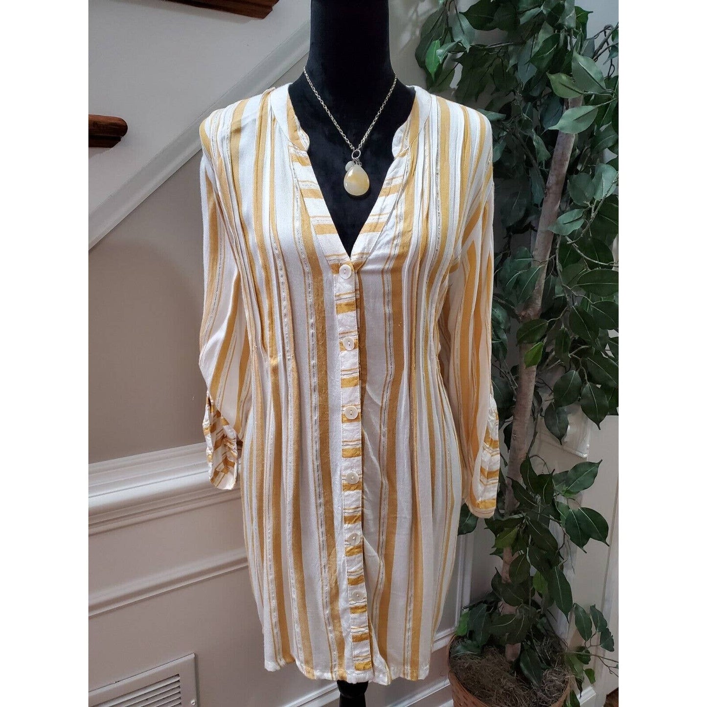 CZ Collection Women's Brown & White Rayon Long Sleeve Button Down Shirt Size 2XL