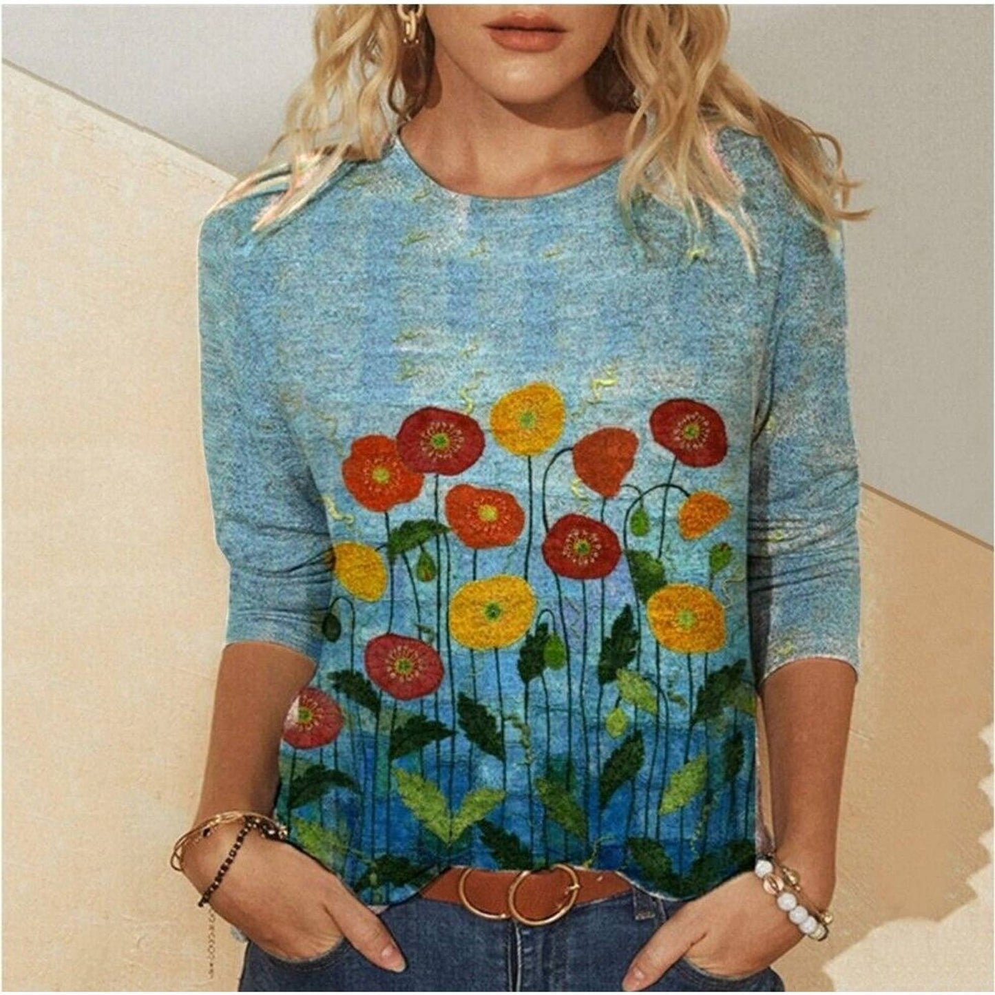 SHEIN Women's Blue Polyester Crew Neck Long Sleeve Casual Top Shirt Size Small