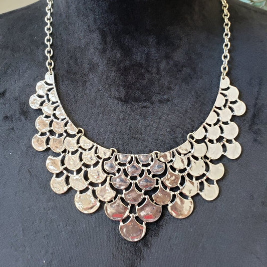 Womens Silver Tone Bold Bib Layered Enamel Statement Necklace with Lobster Clasp