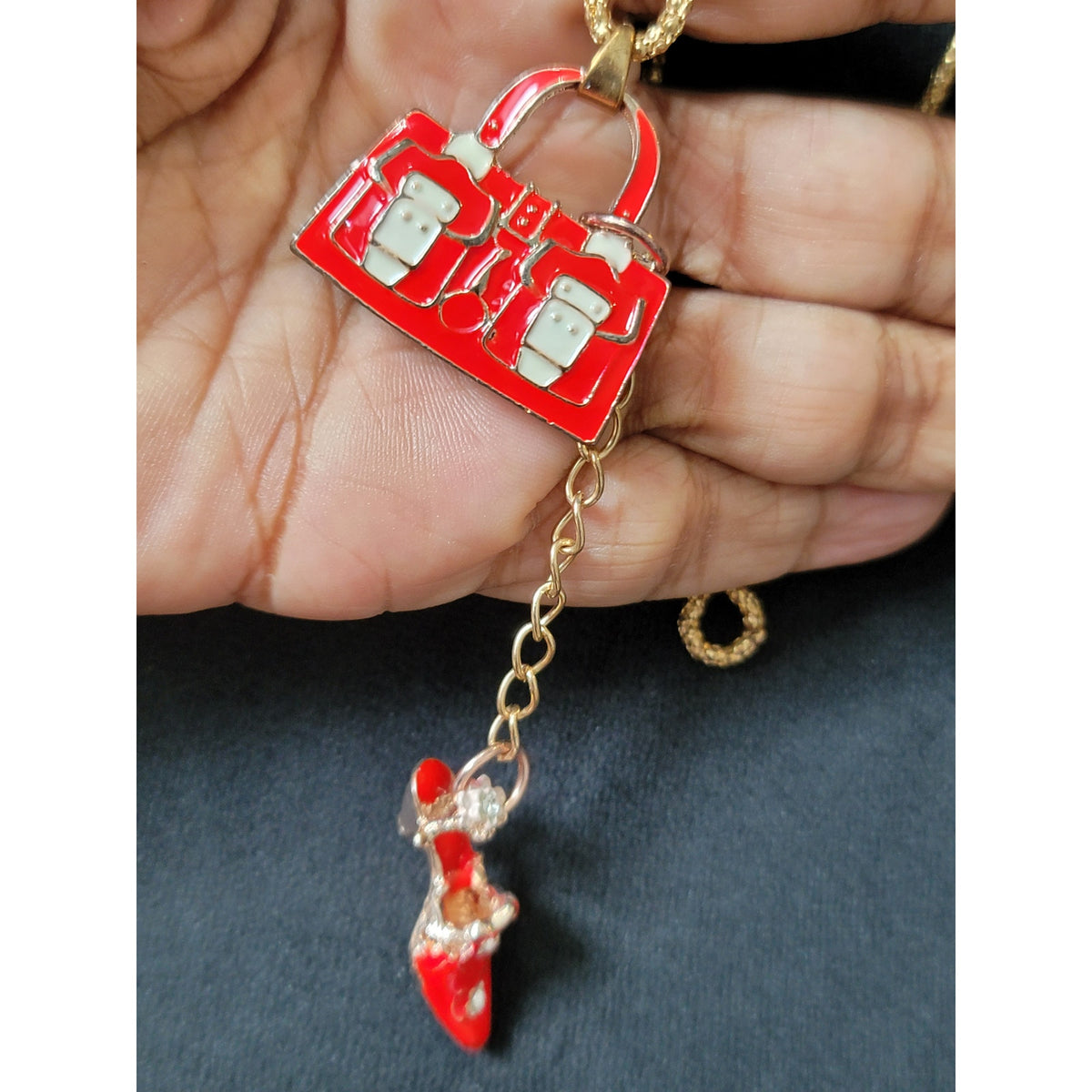 Women's Gold Chain Necklace with Red Handbag and Shoe Charm Pendant