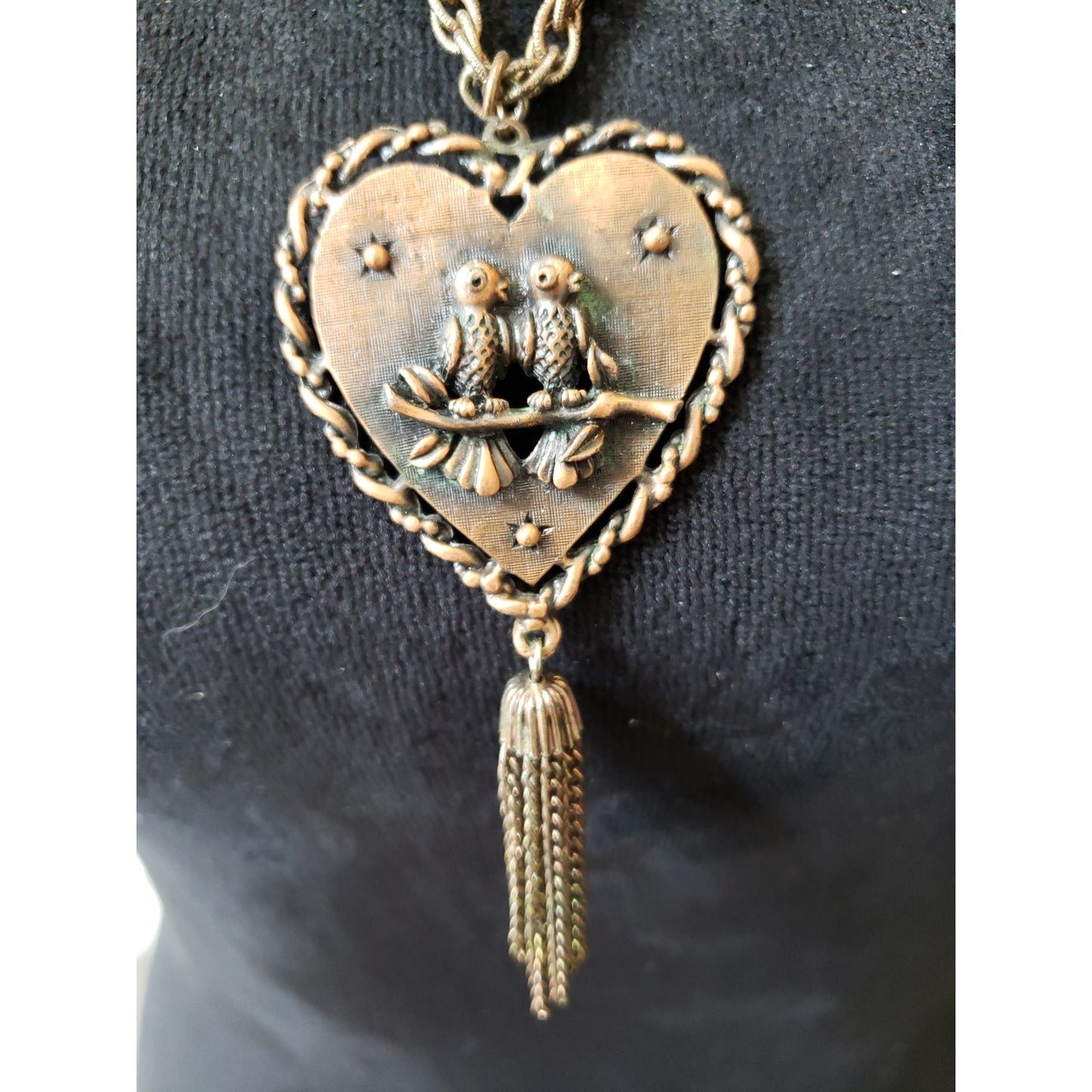 Womens Brushed Copper Heart Textured Love Birds Chains Tassel Pendant Necklace