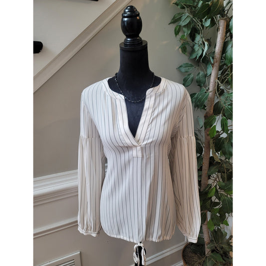 Ann Taylor Blouse Women's Medium White Black Striped Long Sleeve V Neck Top