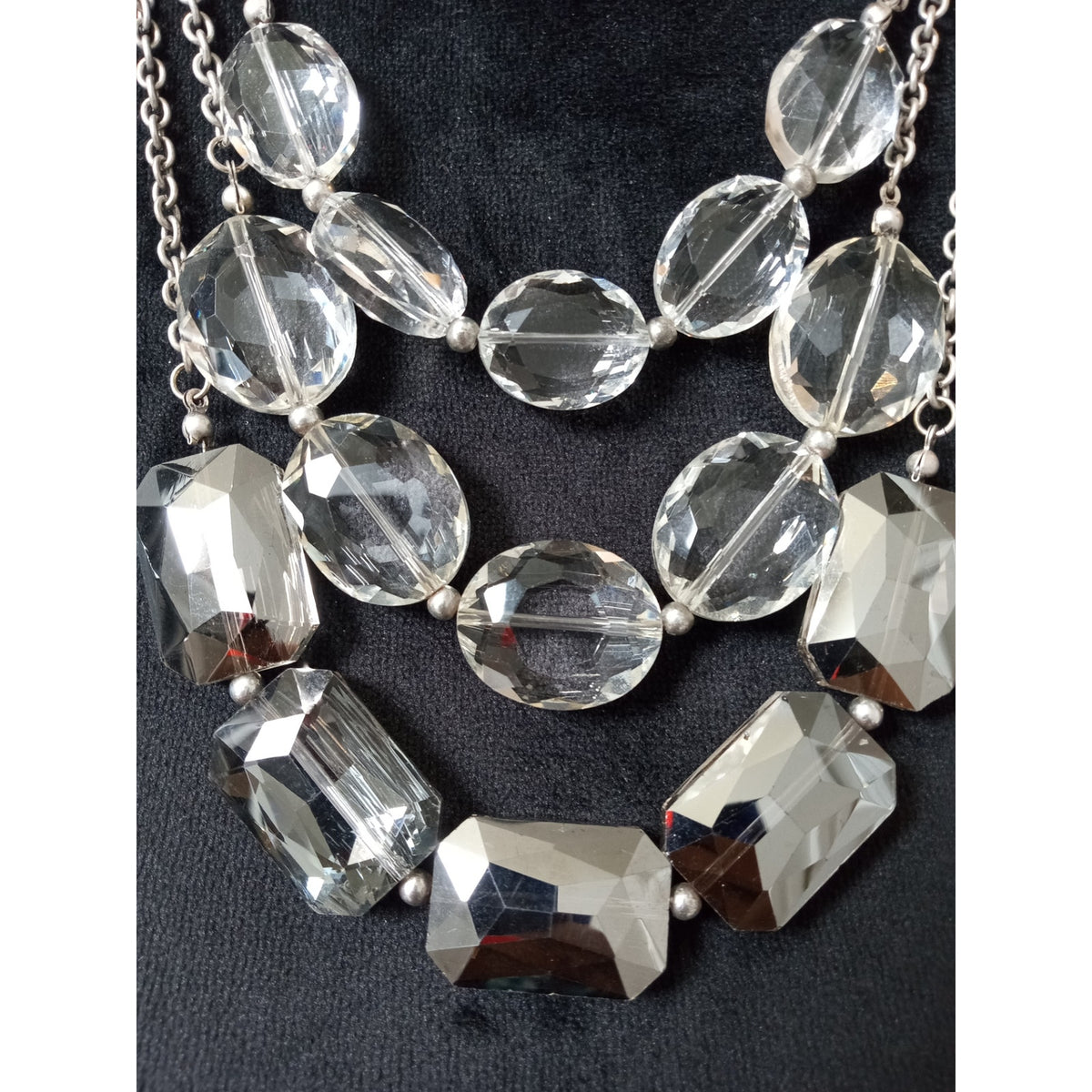 Silver Tone Clear Faceted Acrylic Bead Layered Statement Necklace Chunky Glam
