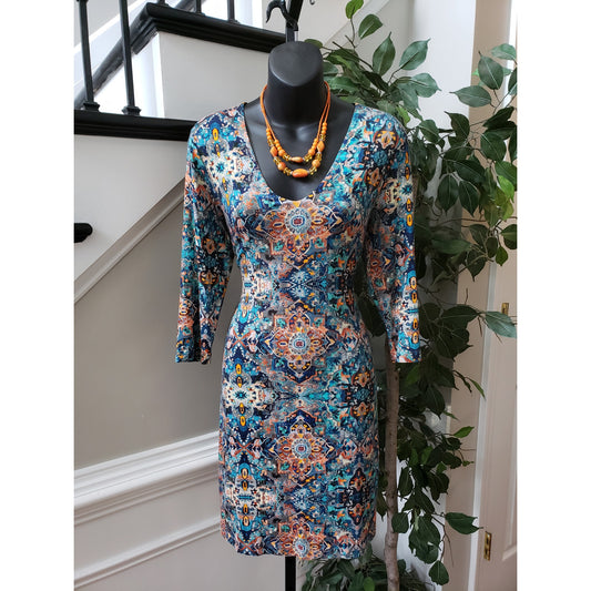 Karen Kane Knee Length Dress Womens Medium Multi Viscose Casual V Neck Back Zip