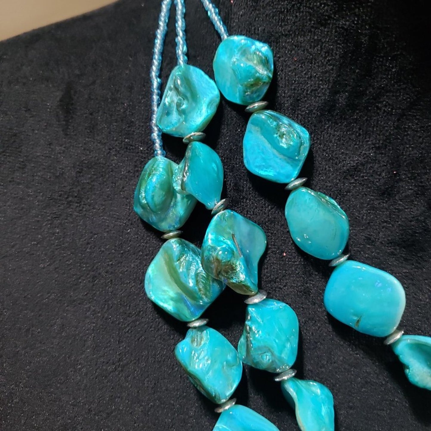 Women Fashion Blue Irregular Turquoise Trible Strand Necklace with Lobster Clasp