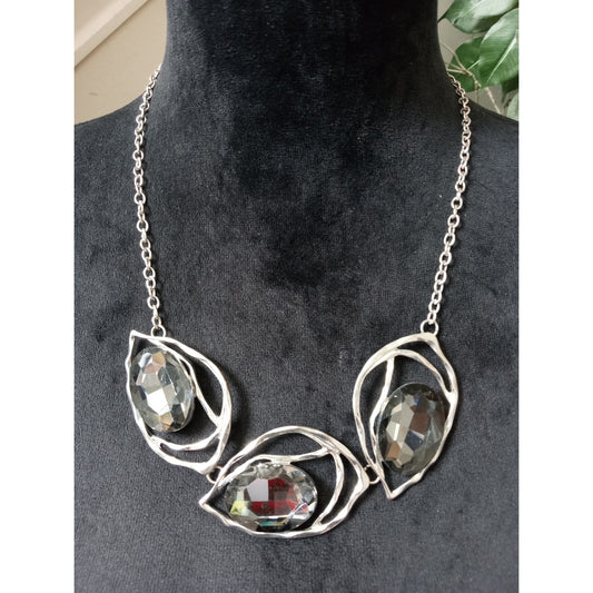 Silver Leaf Statement Necklace with Gray Faceted Crystal Stones Bib Collar