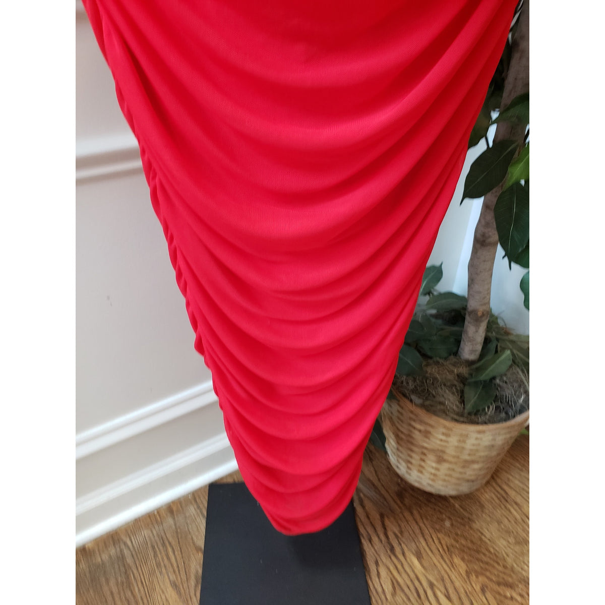 Fashion Nova Slinky Ruched Maxi Dress Womens S Red Cowl Neck Sheer Sleeve Lined