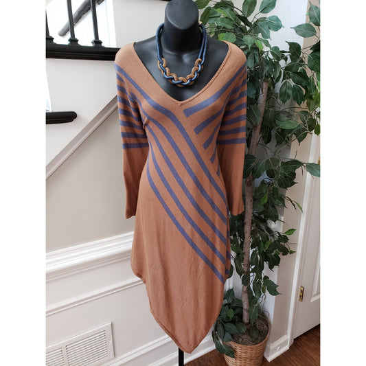 NY Collection Jersey Dress Women's XL Brown Striped Long Sleeve Handkerchief Hem