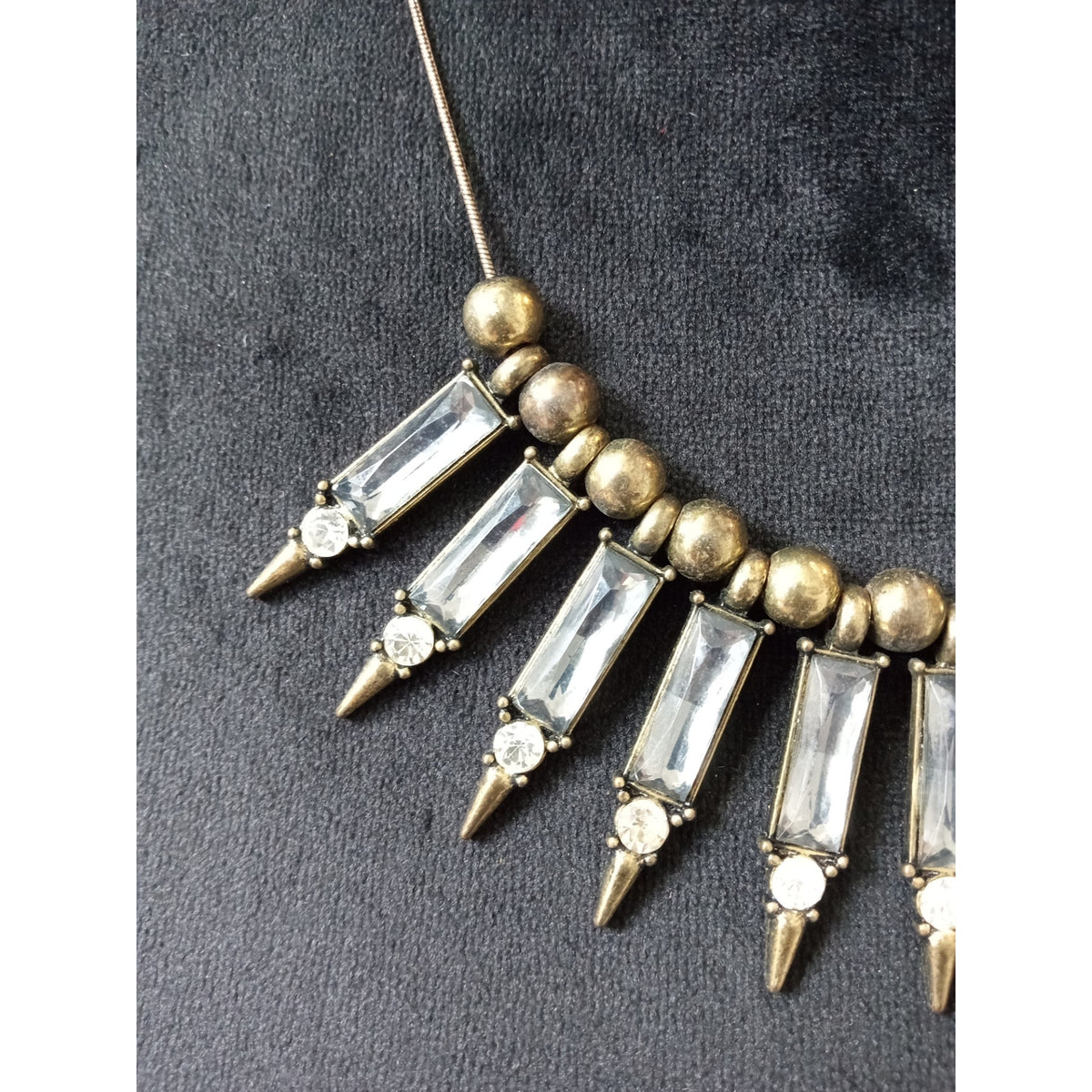 Antique Gold Tone Crystal Spike Statement Necklace Art Deco Fringe Bib Collar