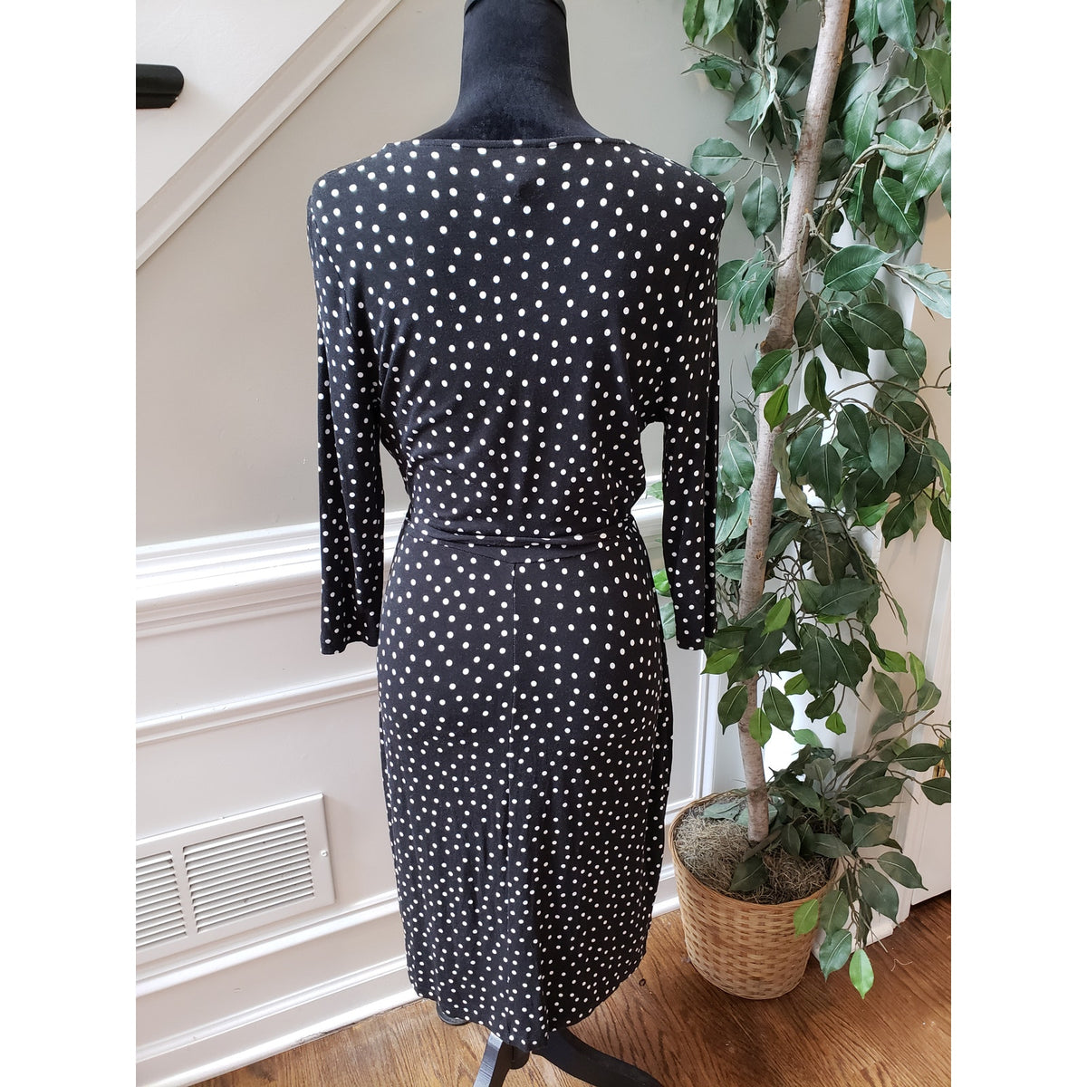 A New Day Polka Dot Dress Women's M Black White Wrap Belted Long Sleeve