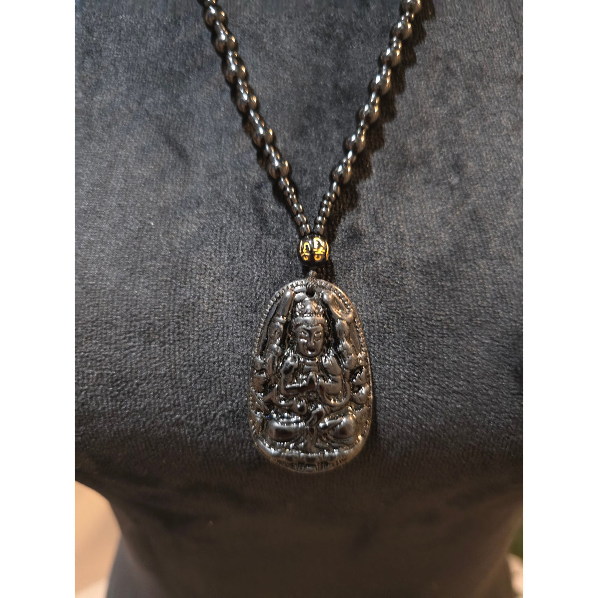 Women's Black Obsidian Buddha Pendant Necklace Hand Carved Beaded Chain