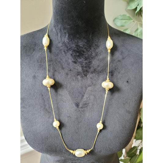 Women's Gold Tone Faux Pearl Beaded Necklace with Spring Ring Clasp Elegant