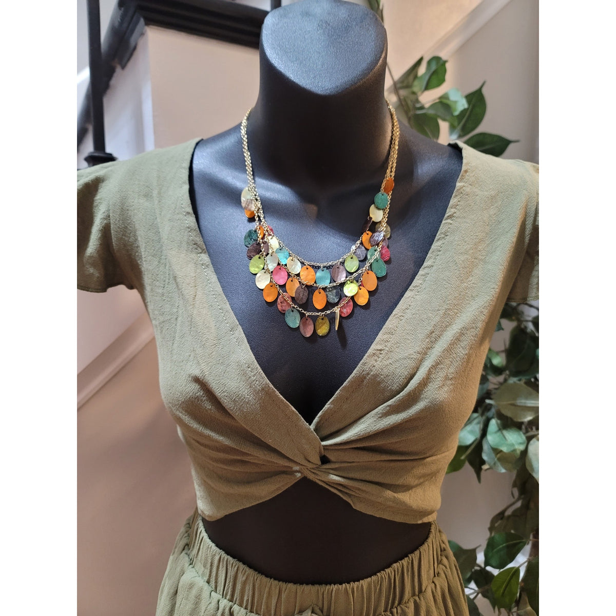 Shein Co-Ord Set Women's SZ 6 Olive Green Pleated Twist knot Front Cap Sleeve