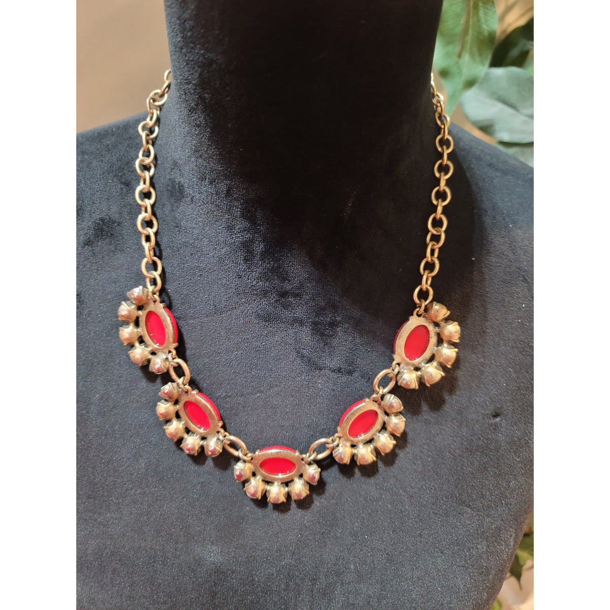 Womens Statement Necklace Red Oval Gemstones With Clear Crystals By Stella & Dot