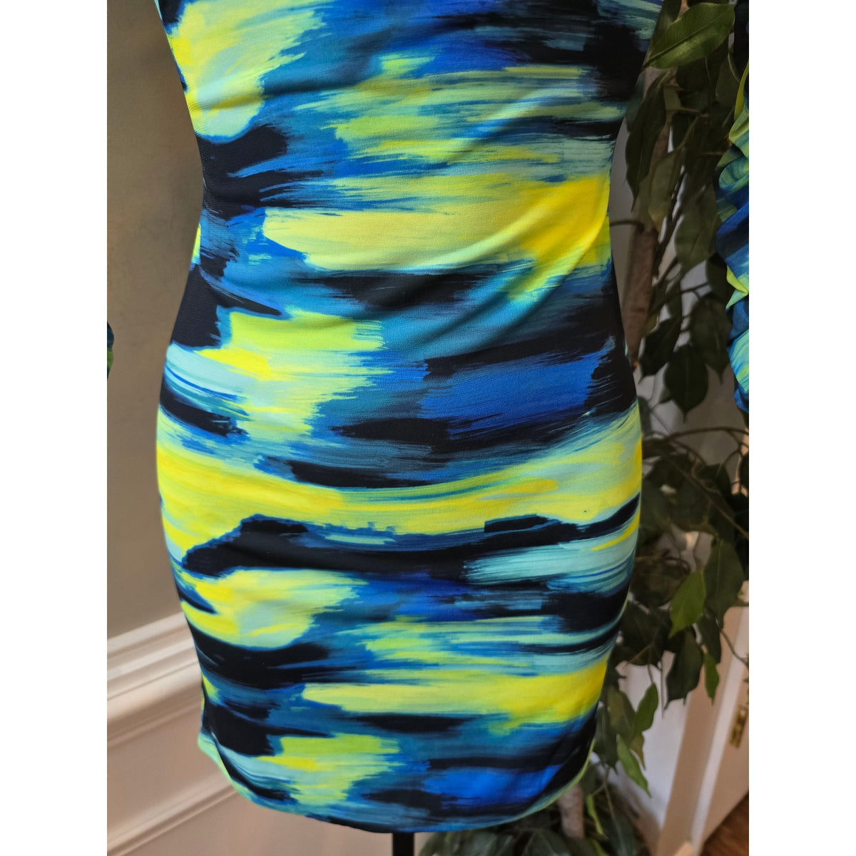 Club L Bodycon Dress 10 Tie Dye Stretch Bardot Neck Ruched Long Sleeve Party