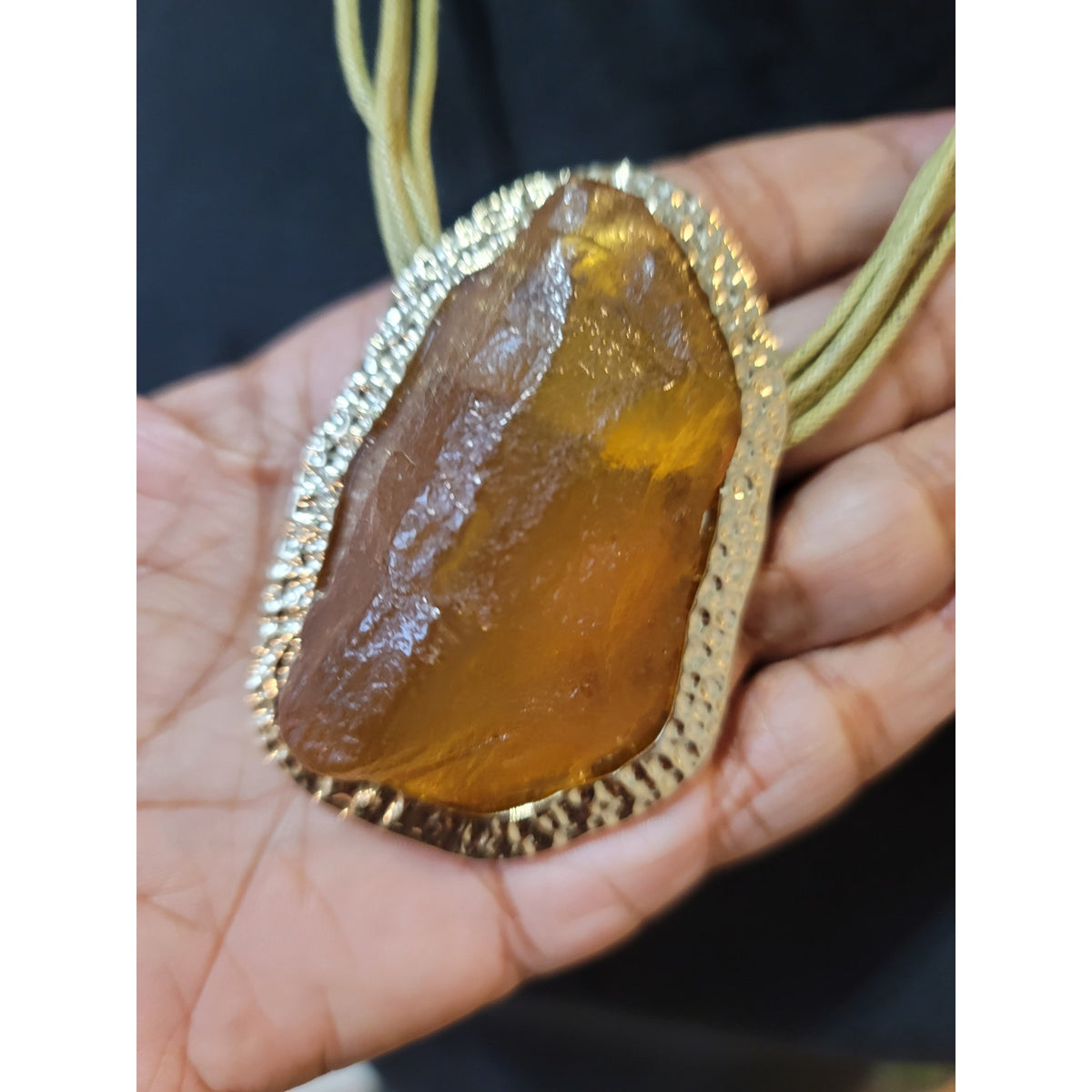 Amber Stone Pendant Necklace Gold Tone Multi Strand Cord Statement Jewelry Gifts