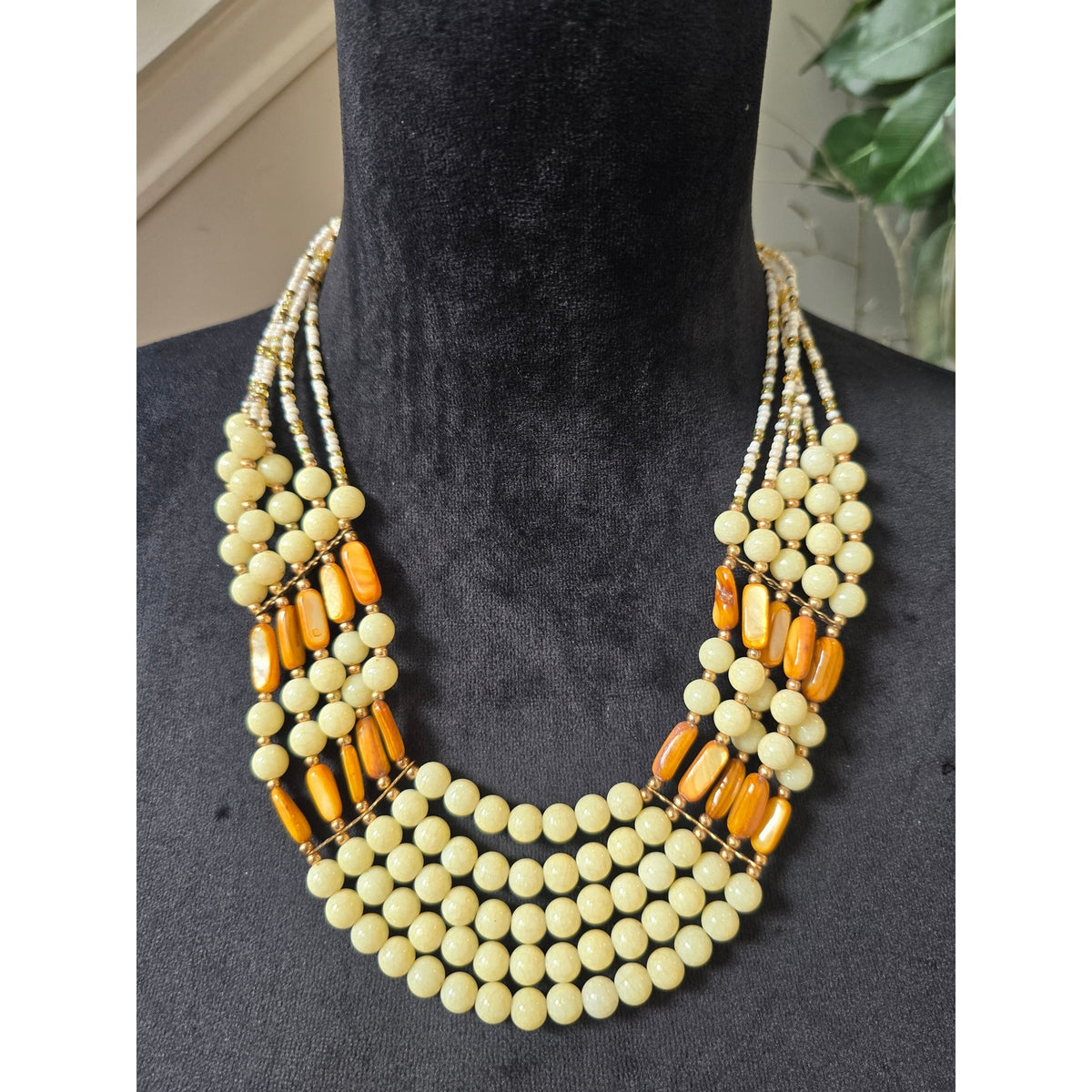 Cream Ivory Orange Multistrand Beaded Layered Boho Tribal Necklace