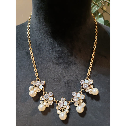 Women Gold Tone Cubic Zirconia Faux Pearl Floral Statement Necklace with Lobster
