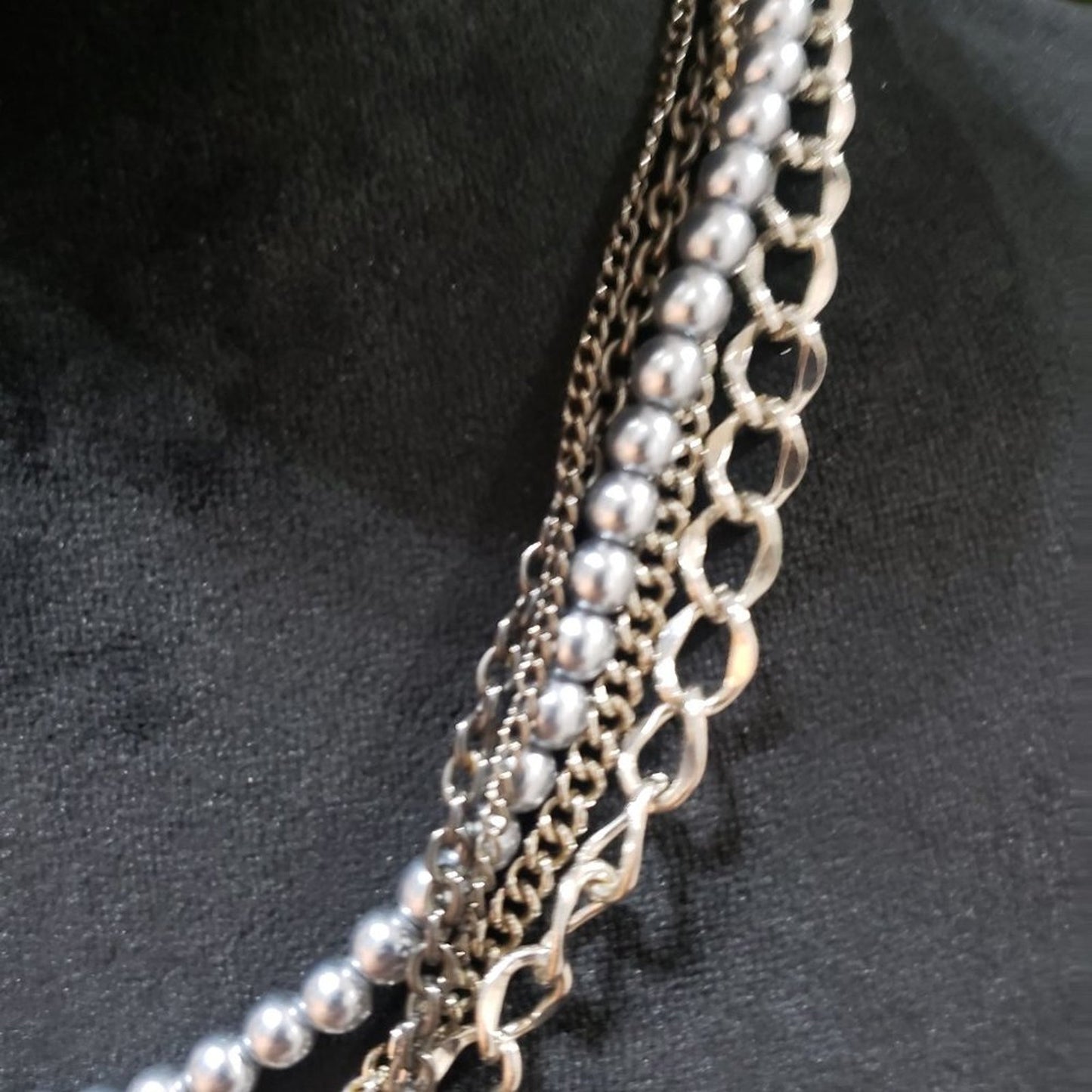 Womens Fashion Multi-Layered Silver Tone Chain Collar Necklace w/ Lobster Clasp