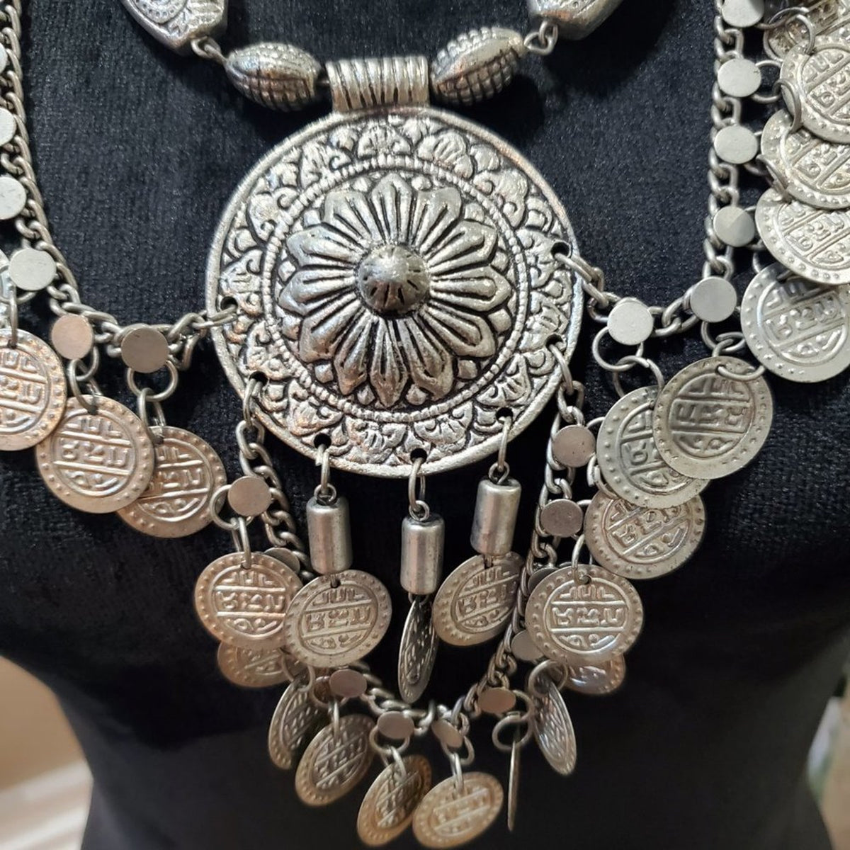 Womens Silver Center Coin Extender Chain Statement Necklace with Lobster Clasp