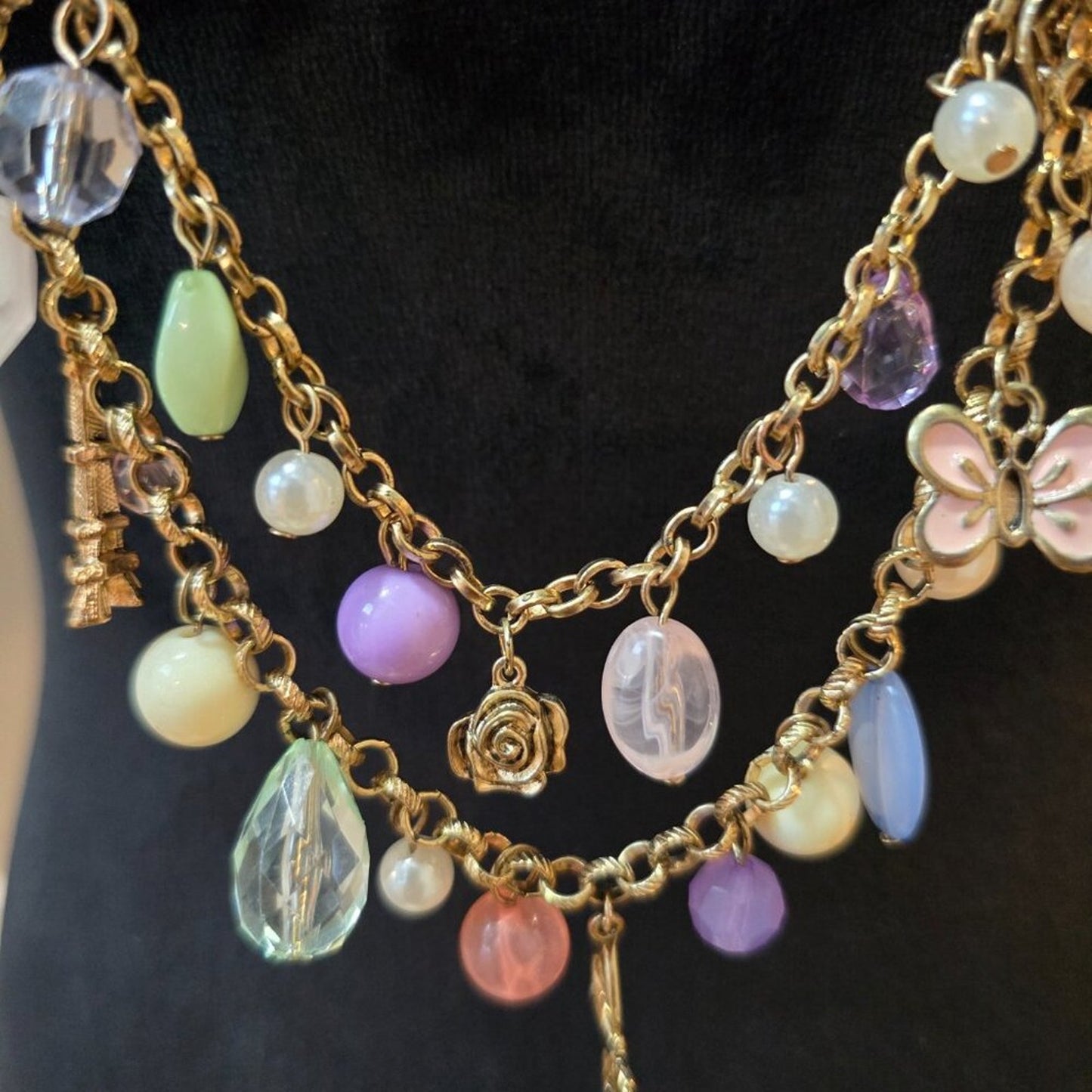 Womens Multicolor Multiple Beaded Charm 2 Layered Necklace with Lobster Clasp