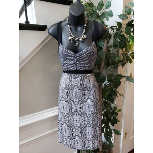 DAKINI Knee Length Dress Womens Medium White Black Geo Print Strappy Open Back