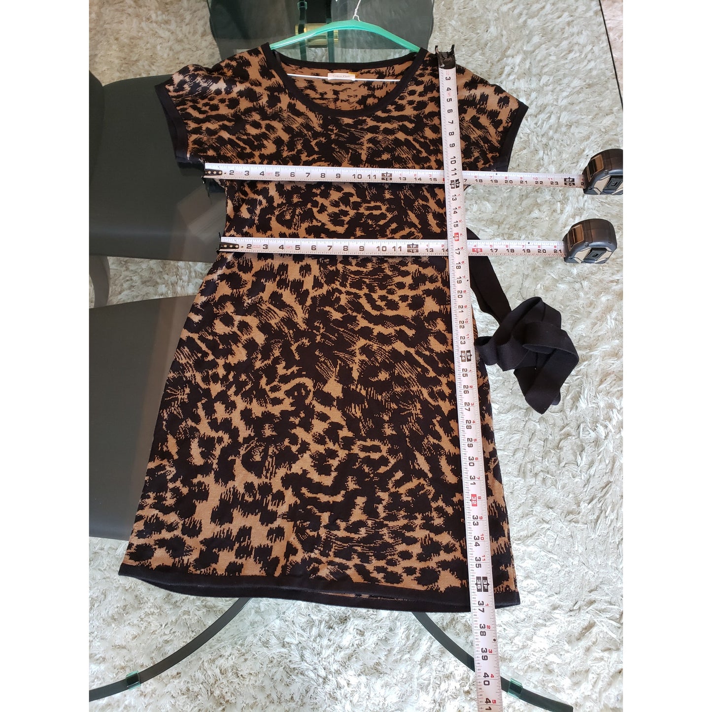 Calvin Klein Sweater Dress Womens Medium Black Animal Print Dolman Sleeve Belted