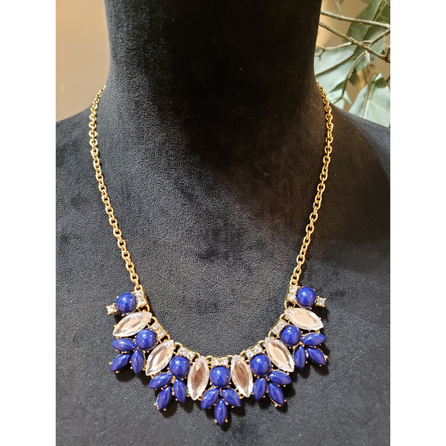 Womens Gold Tone Rhinestone Blue Crystal Acrylic Geo Statement Necklace Jewelry