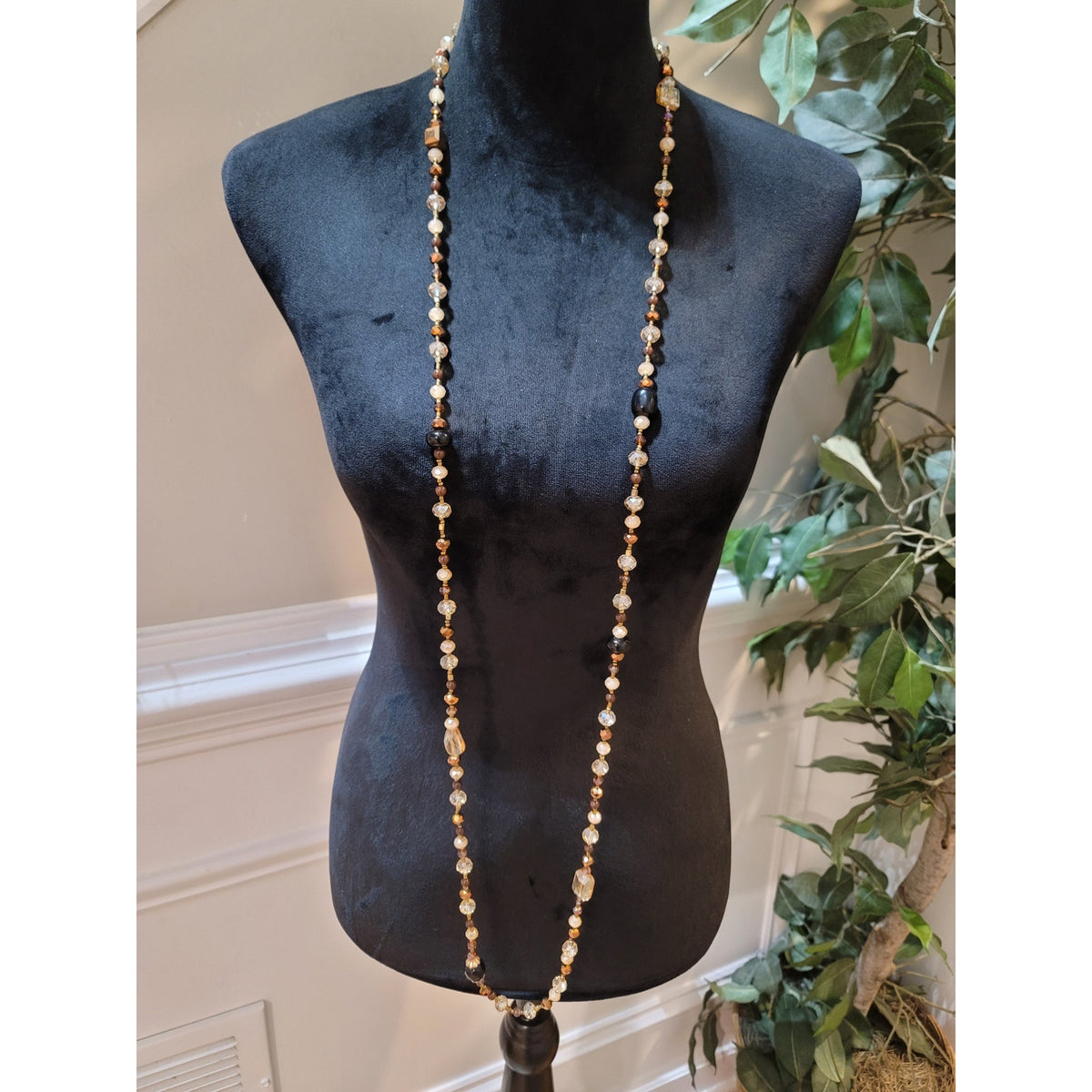 Women's Faceted Crystal and Brown Beaded Long Layered Necklace Jewelry