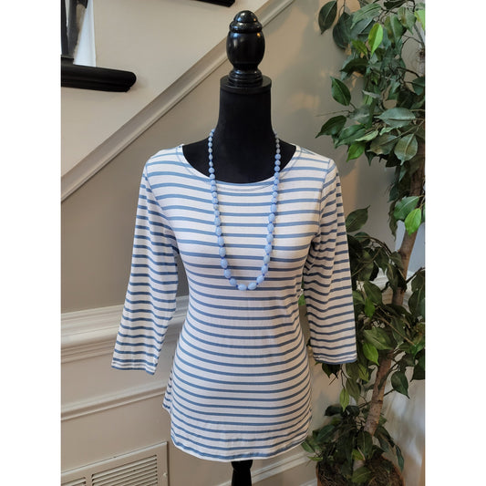 J. Jill Tunic Blouse MP White Blue Cotton Stretch Striped Scoop Neck 3/4 Sleeve