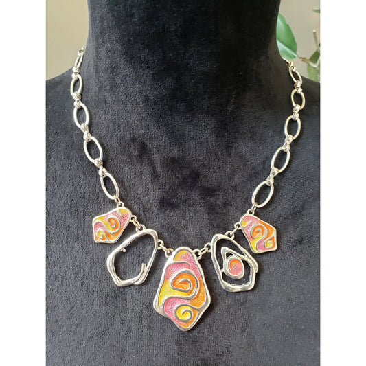 Women's Abstract Swirl Pendant Necklace Lobster Clasp Silver Tone Retro Art