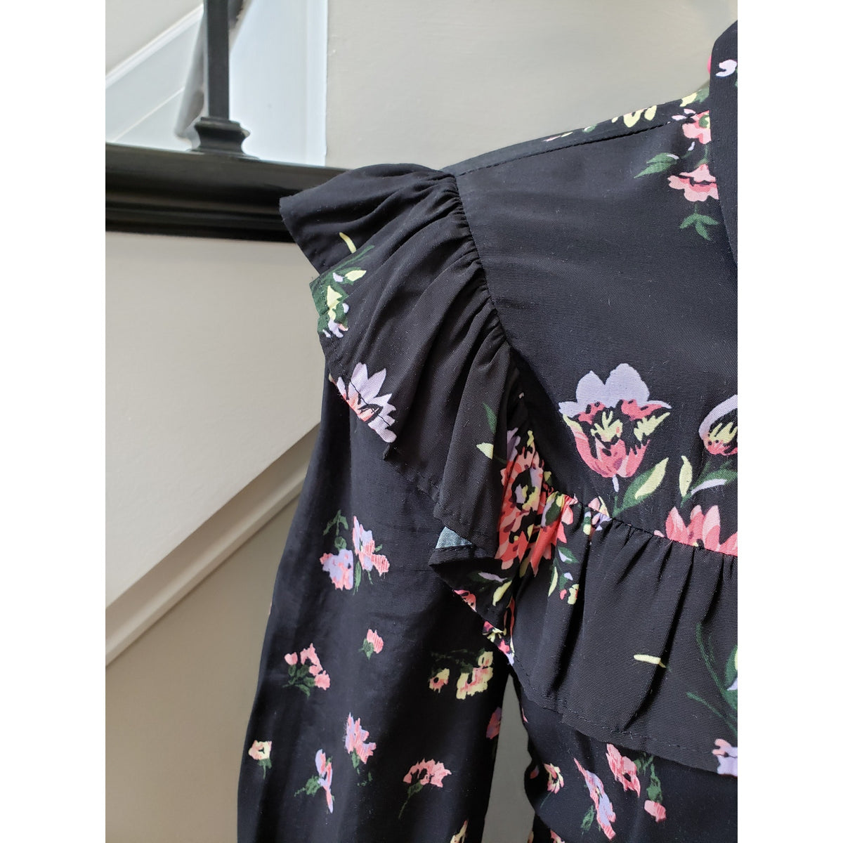 Jill Stuart Shirt Dress Women XS Black Floral Ruffle Pleated Collar Button Front