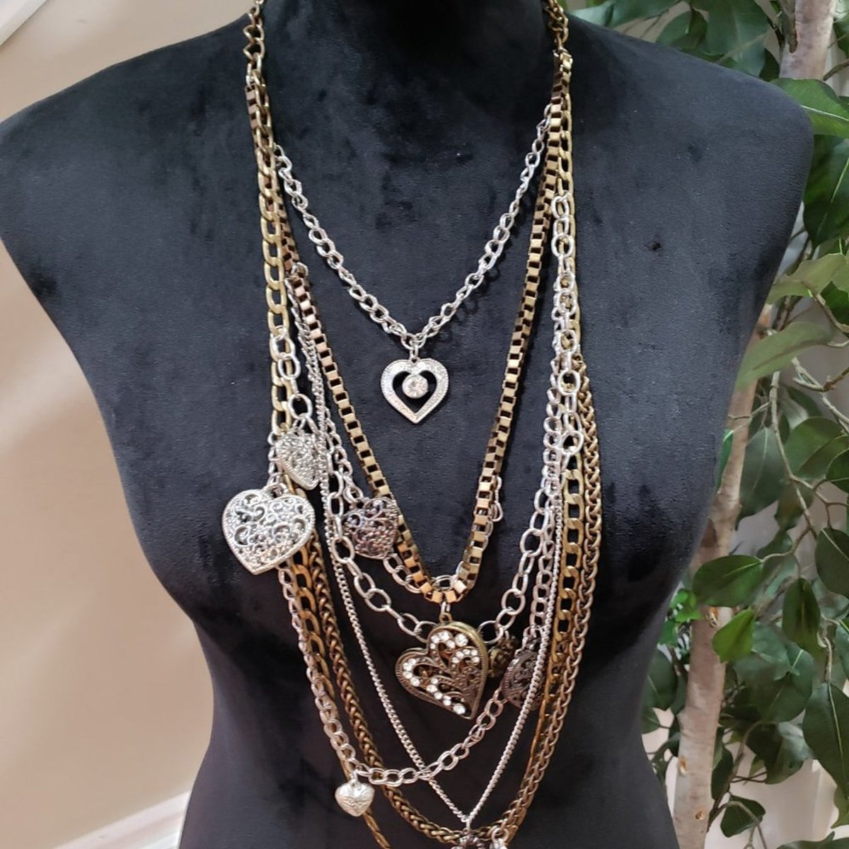 Womens Fashion Brass Multi Strand Heart Pendant Statement Necklace Lobster Clasp