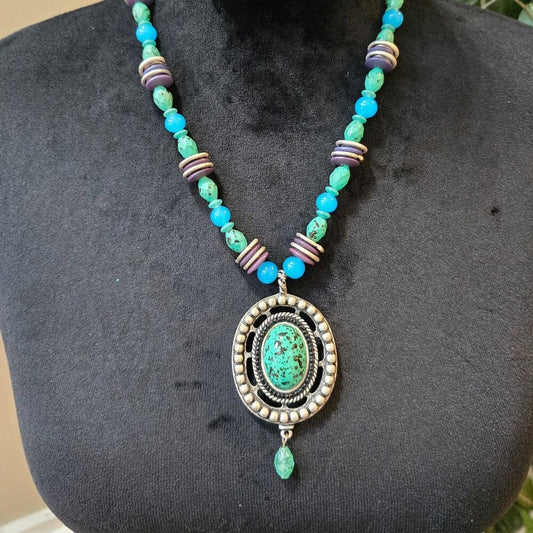 Womens Green Turquoise Pendant Multicolor Beaded Necklace with Lobster Clasp