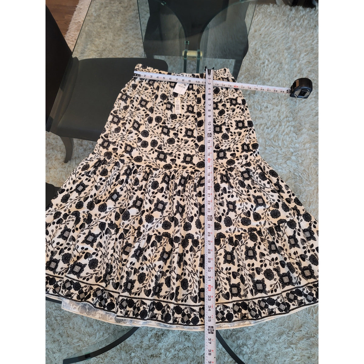 Max Studio A-Line Maxi Skirt Women's Large Cream/Black Floral Pleated Stretch