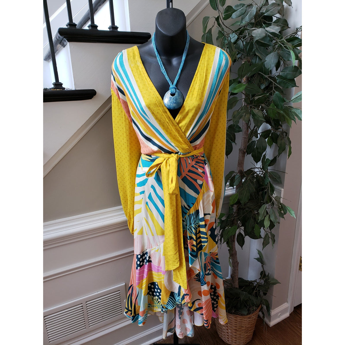 Anthropologie Dress Women Petite XL Multicolor Wrap V Neck Long Sleeve Boho