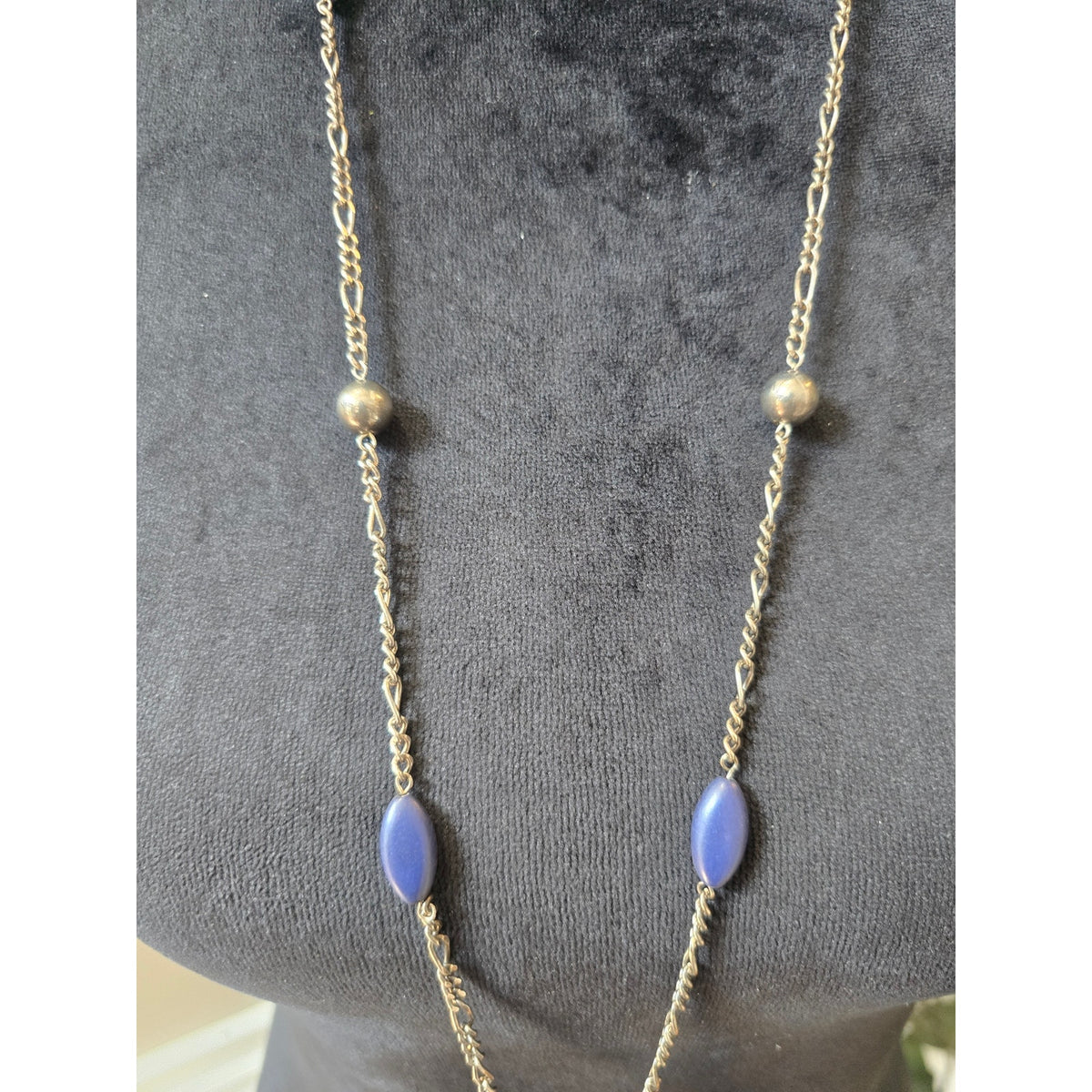 Purple Blue Beaded Long Gold Tone Chain Tassel Pendant Necklace